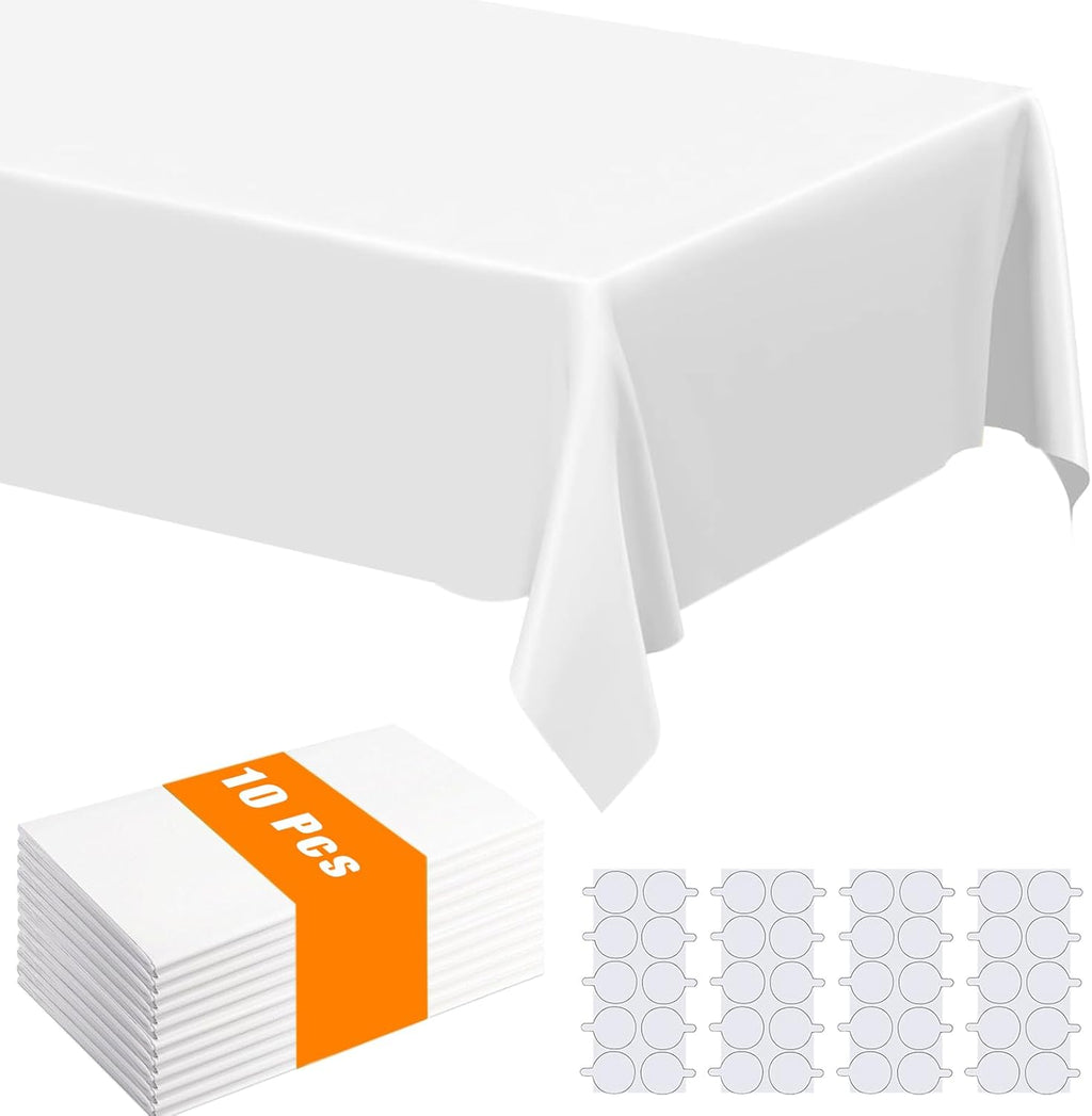 Skiennix 10 Pack White Disposable Tablecloths - 54" x 108" Rectangle Covers for Weddings, Picnics & Parties