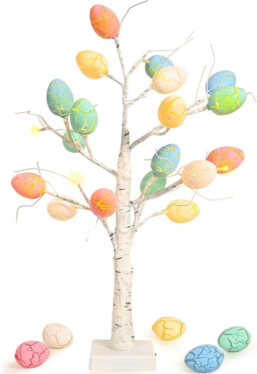 Kemooie 24-Inch Pre-Lit White Birch Tree - 24 Easter Egg Ornaments & LED Lights | Perfect Spring Table Centerpiece