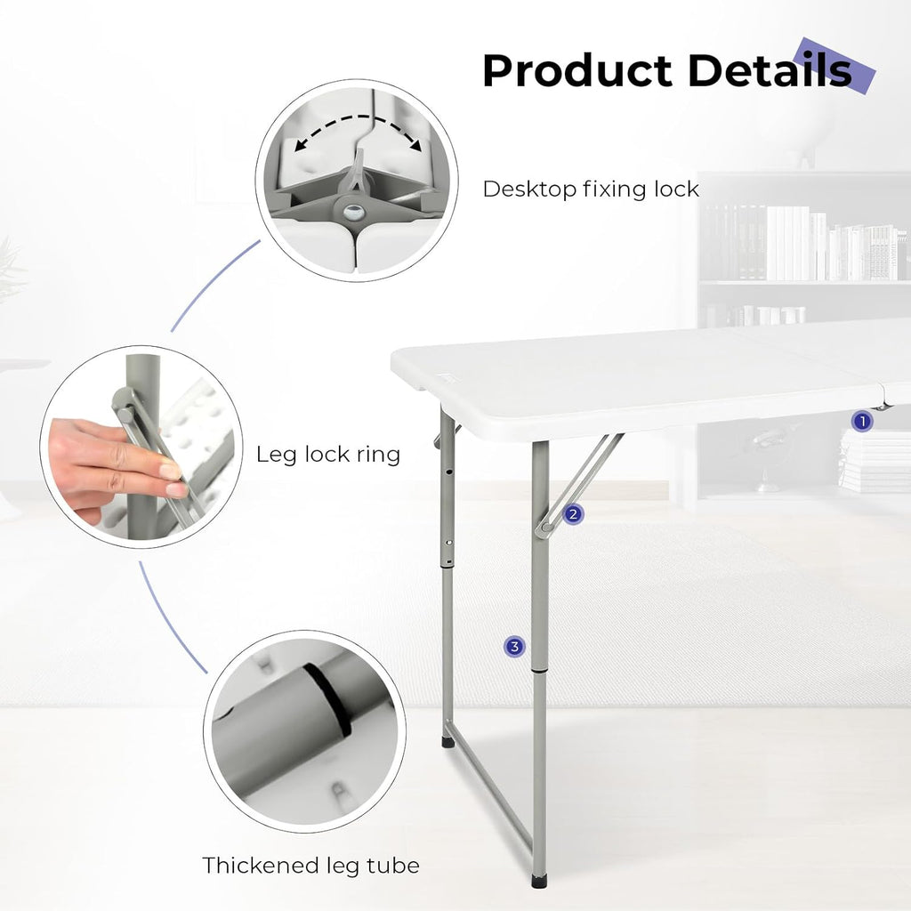 Byliable Folding Table - 4 Foot Portable Heavy Duty Utility Table | Adjustable Height, Indoor/Outdoor, White