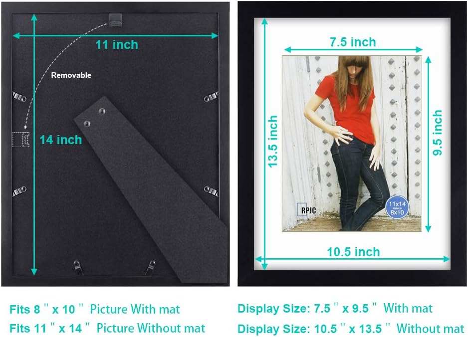RPJC 11x14 Inch Picture Frame - Solid Wood & High Definition Glass | Displays 8x10 with Mat or 11x14 Without Mat, Black