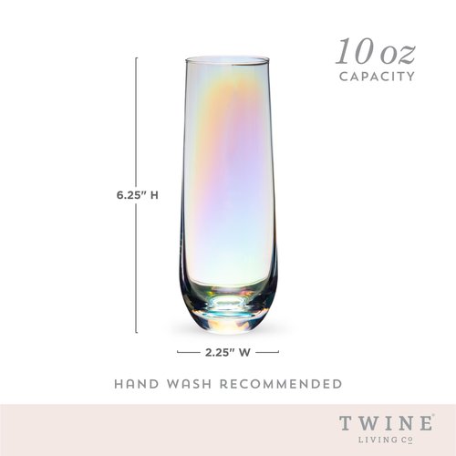 Twine Luster Stemless Champagne Flutes, Iridescent Rainbow Finish, Sparkling Wine Glasses for Prosecco, Sparkling Cocktails, Mimosas, Elegant Glassware for Wedding Gifts,10 oz, 2 count (Pack of 4)