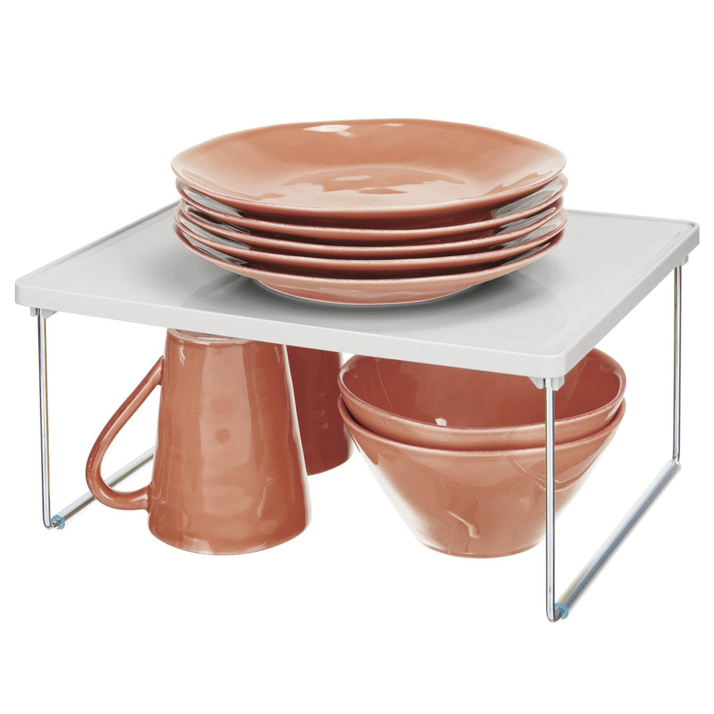 mDesign Metal Stacking Storage Organization for Shelves Inside Cabinets in Kitchen, Pantry, Cupboard, or Fridge/Freezer - Organizer Stand for Food, Plates, Bowls, Mugs, Ligne Collection - Stone Gray