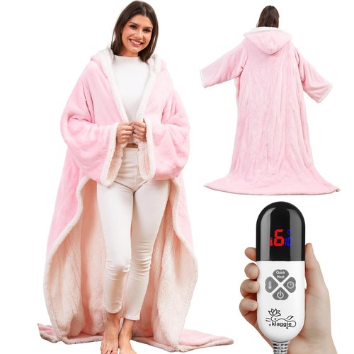 Klaggie Wearable Heated Blanket with Foot Pocket Sleeves, Heated Robe Heated Snuggie, 6 Heating Levels 4 Hours Auto-Off, Overheat Protection Machine Washable, 50”x70”, Pink