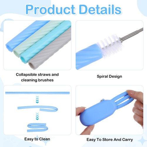 Ymapinc 4Set Reusable Straws Silicone with Case,Portable Travel Straws for Party Travel Cold or Hot with 4 Cleaning Brushes 4 Case(Green,Blue,Deep Blue,Gray）