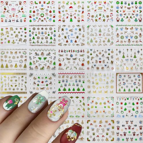KSTBJN 30 Sheets Christmas Nail Stickers 3D Self-Adhesive Holiday Decals