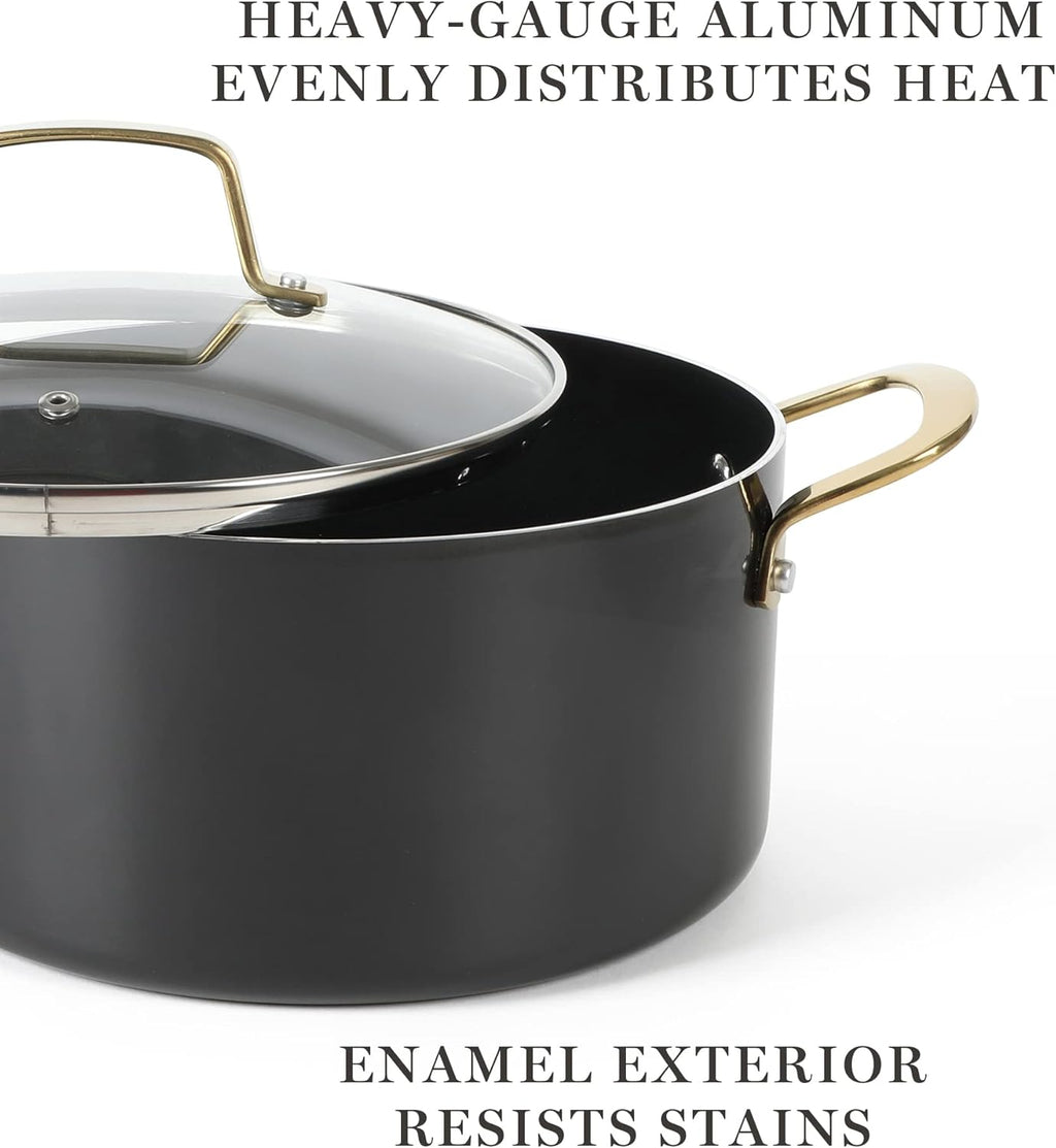 Martha Stewart Lockton 14-Piece Non-Stick Cookware Set - Heavy-Gauge Aluminum in Black with Gold Handles