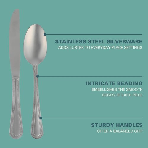 Gibson Home Sinta 87-Piece Stainless Steel Flatware Set - Bead Border Design, Service for 12, Dishwasher Safe