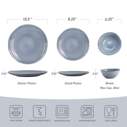 Famiware Aegean Stoneware Dinnerware Set for 8, Plates and Bowls Sets, 24 Pieces Scratch Resistant Dinner Set, Handmade Irregular Round Dishes - Microwave and Dishwasher Safe, Blue Grey