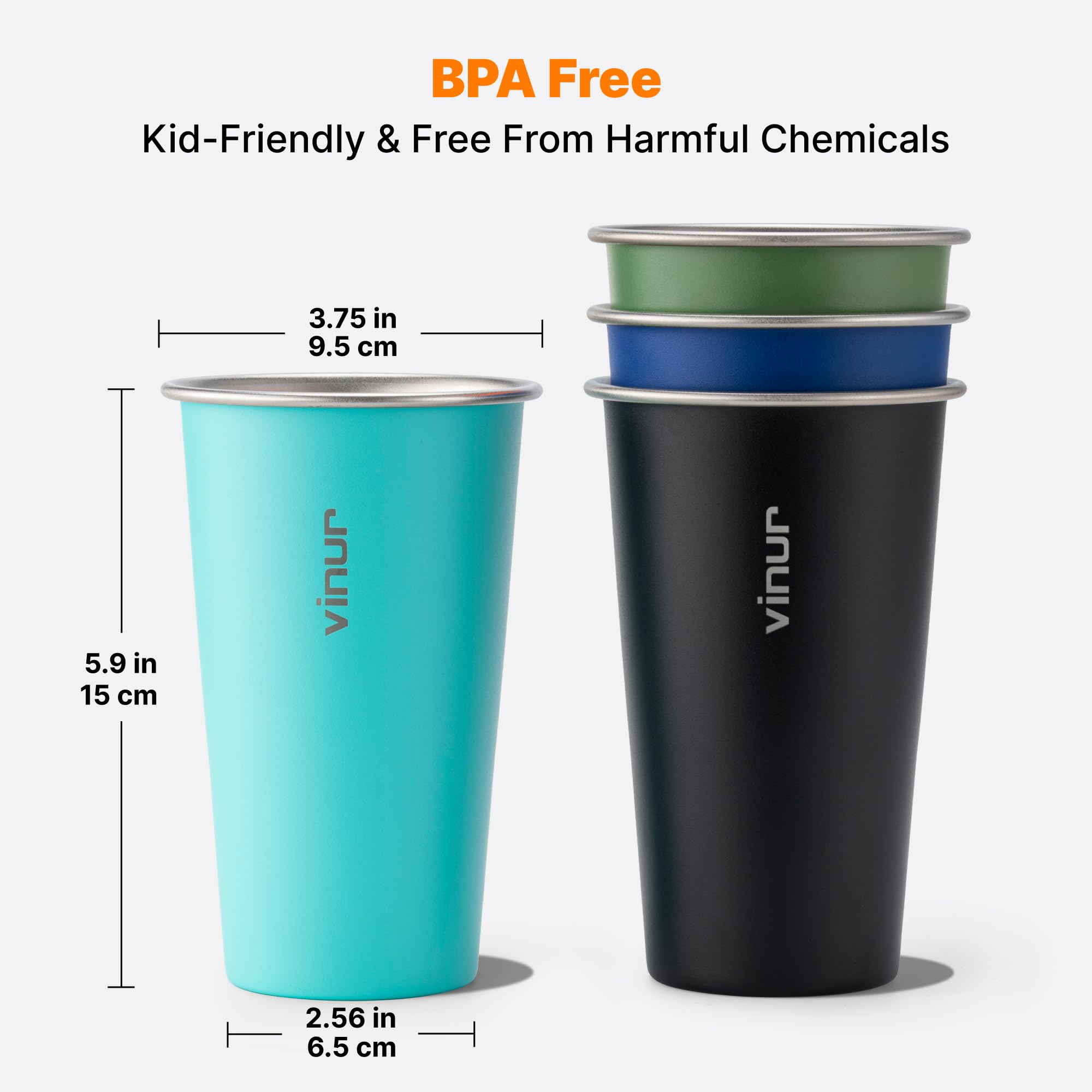 VINUR 4 Pack Stainless Steel Cups 20 oz Pint Tumbler Stackable Metal Drinking Glasses for Travel, Camping, Outdoors (Green-Black-Teal-Navy)