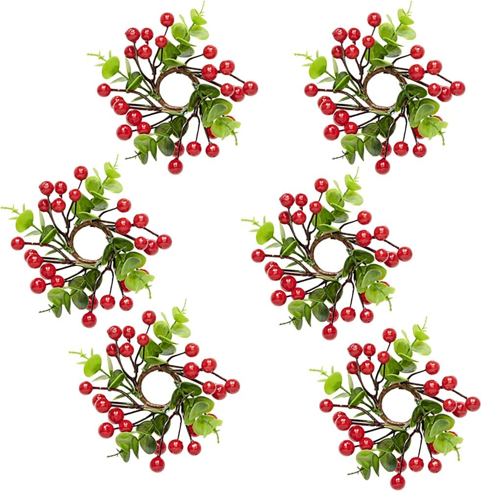Skiennix Taper Candle Ring Set - 1.25" Inner Diameter with Red Berries & Eucalyptus Leaves - Set of 6