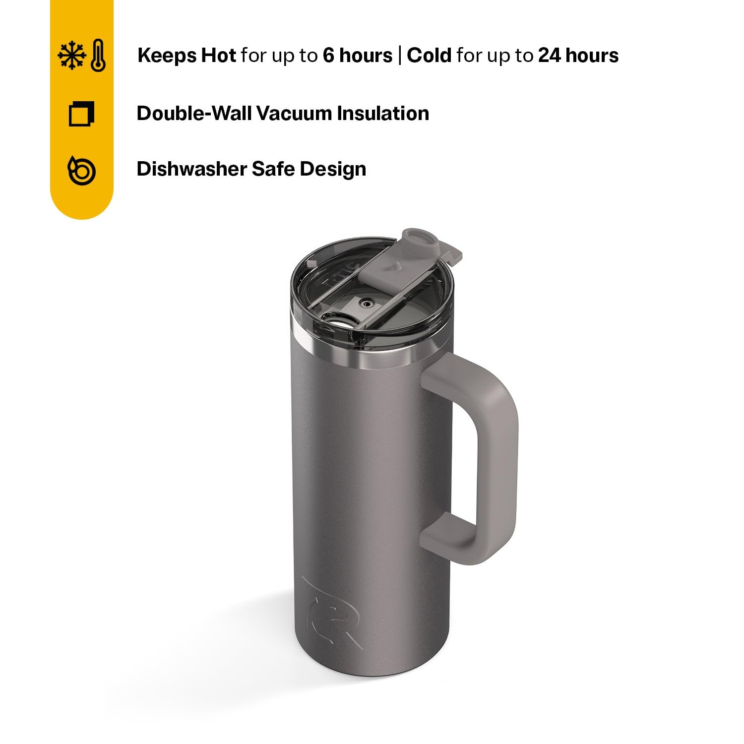 RTIC 20oz Road Trip Travel Mug with Lid and Handle, Ceramic Lined, Insulated, Stainless Steel, Metal, Double Wall Vacuum-Insulation, Portable Coffee, Tea Cup for Hot and Cold Drink, Graphite