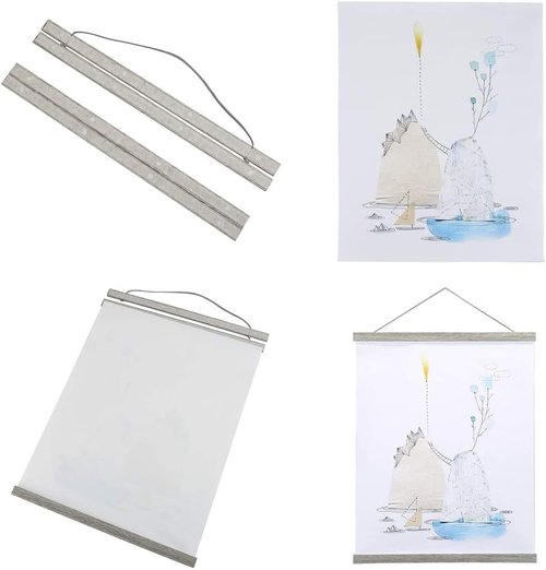Benjia Magnetic Poster Hanger - 23" Wooden Frame for Canvas & Artwork | Grey Dowel Hanging Kit