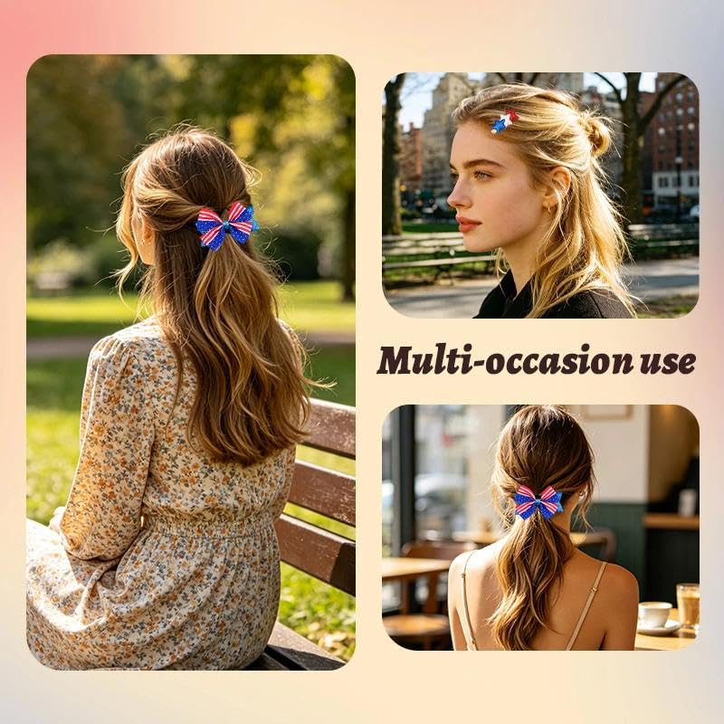 Patriotic 4th of July Bow Hair Clips Set - Red White and Blue American Flag Hairpins (3 Pcs)