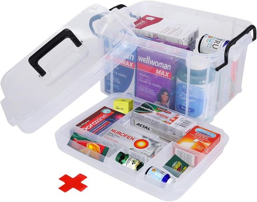 HEY FOLY 15qt Clear Medicine Organizer - Durable Plastic First Aid Storage Box with Labels