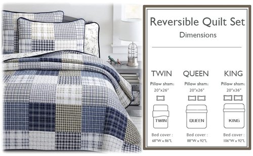 Cozy Line Home Fashions Benjamin Cute Dinosaur Plaid Navy Blue White Grey Bedding Quilt Set 100% Cotton Reversible Coverlet Bedspread Set for Kids Boy(Twin - 2 Piece)