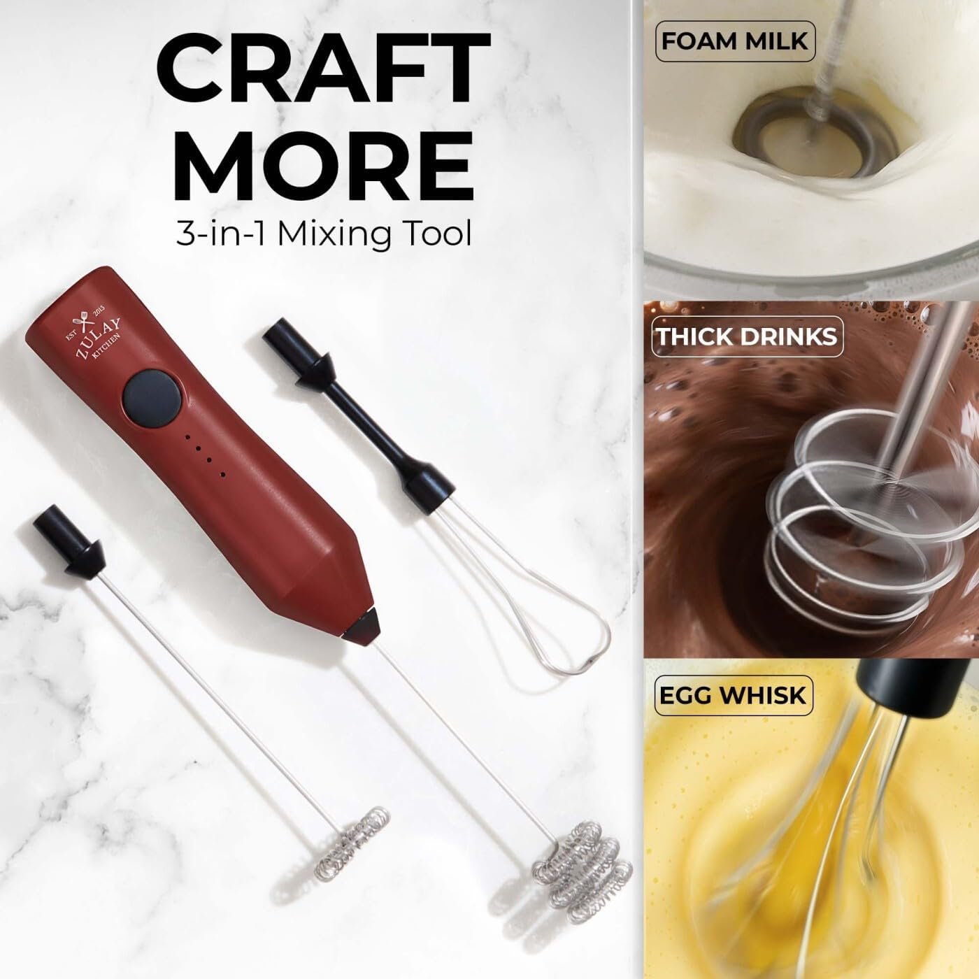 Zulay Kitchen Rechargeable Milk Frother - 3 Speeds & 3 Whisk Attachments - USB Charging for Lattes & Cappuccinos - Red/Black