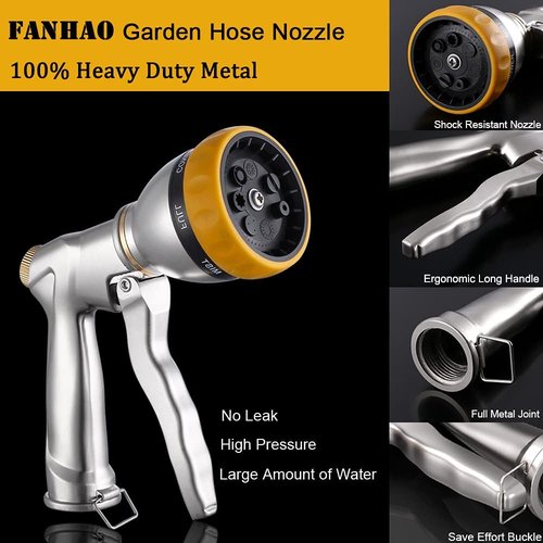 FANHAO Heavy Duty Metal Garden Hose Nozzle - 7 Spray Patterns for Efficient Watering & Washing
