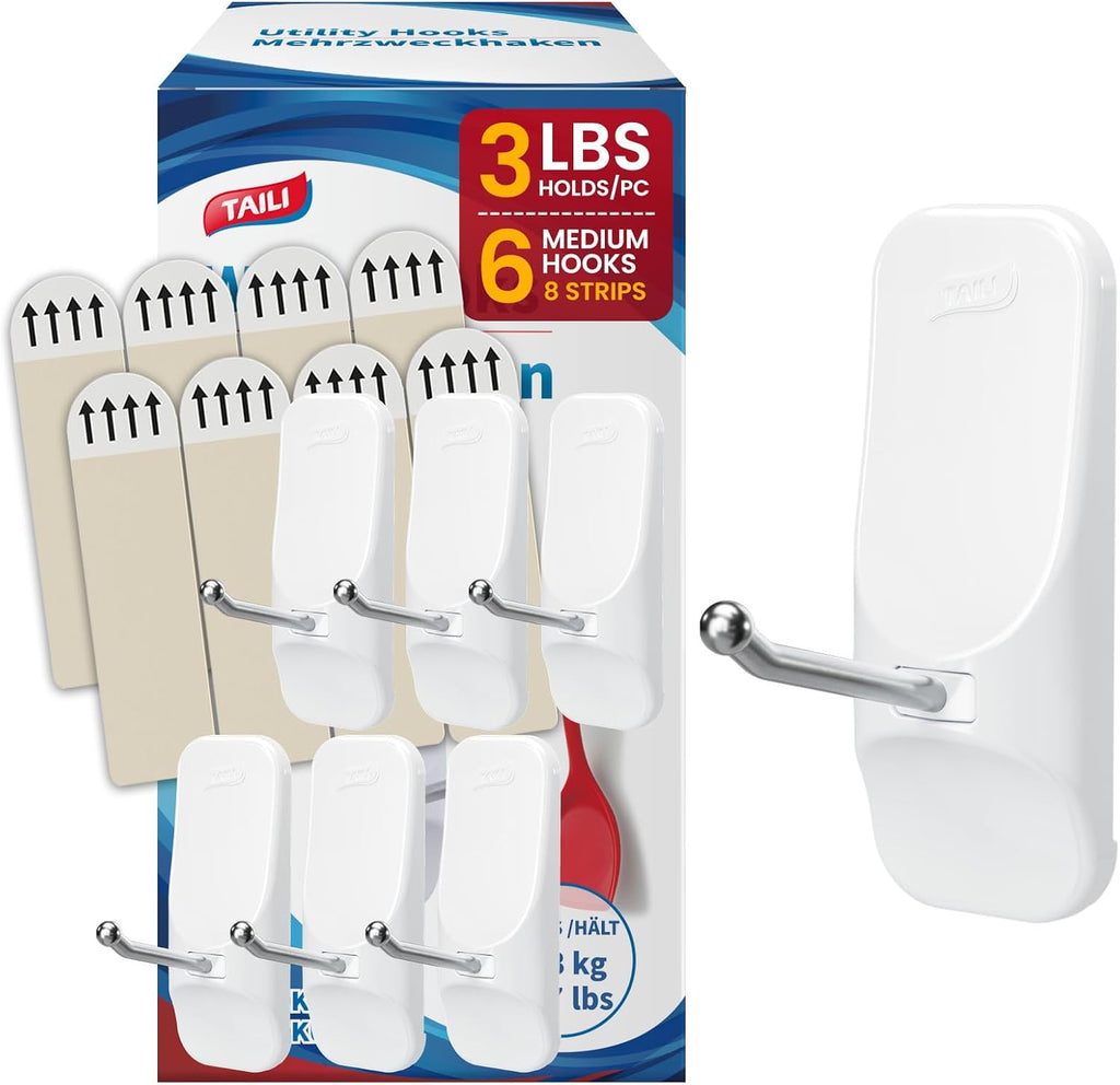 TAILI Heavy-Duty Hooks for Hanging | No-Damage White Utility Hooks with 8 Adhesive Strips | Removable & Reusable, Holds Up to 3 lb