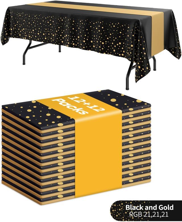 Niuara Table Cloth Set - Black and Gold Disposable Rectangle Table Covers | 12+12 Pack for Events