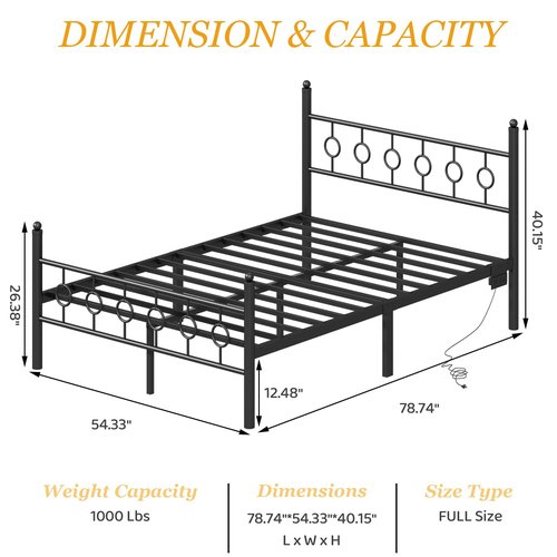 Jenmit Full Size Bed Frame with Headboard, Metal Platform Bed Frame with Charging Station & LED Lights, Storage Space Under Bed, No Box Spring Needed, Noise Free, Easy Assembly, Black