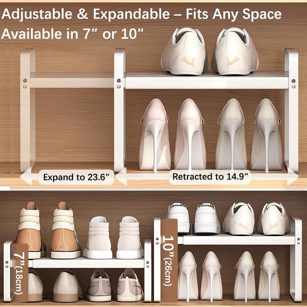 Skiennix Expandable Metal Shoe Rack - Heavy-Duty Free-Standing Shelf | Adjustable Width 14.9"–23.6" for Closets & Entryways