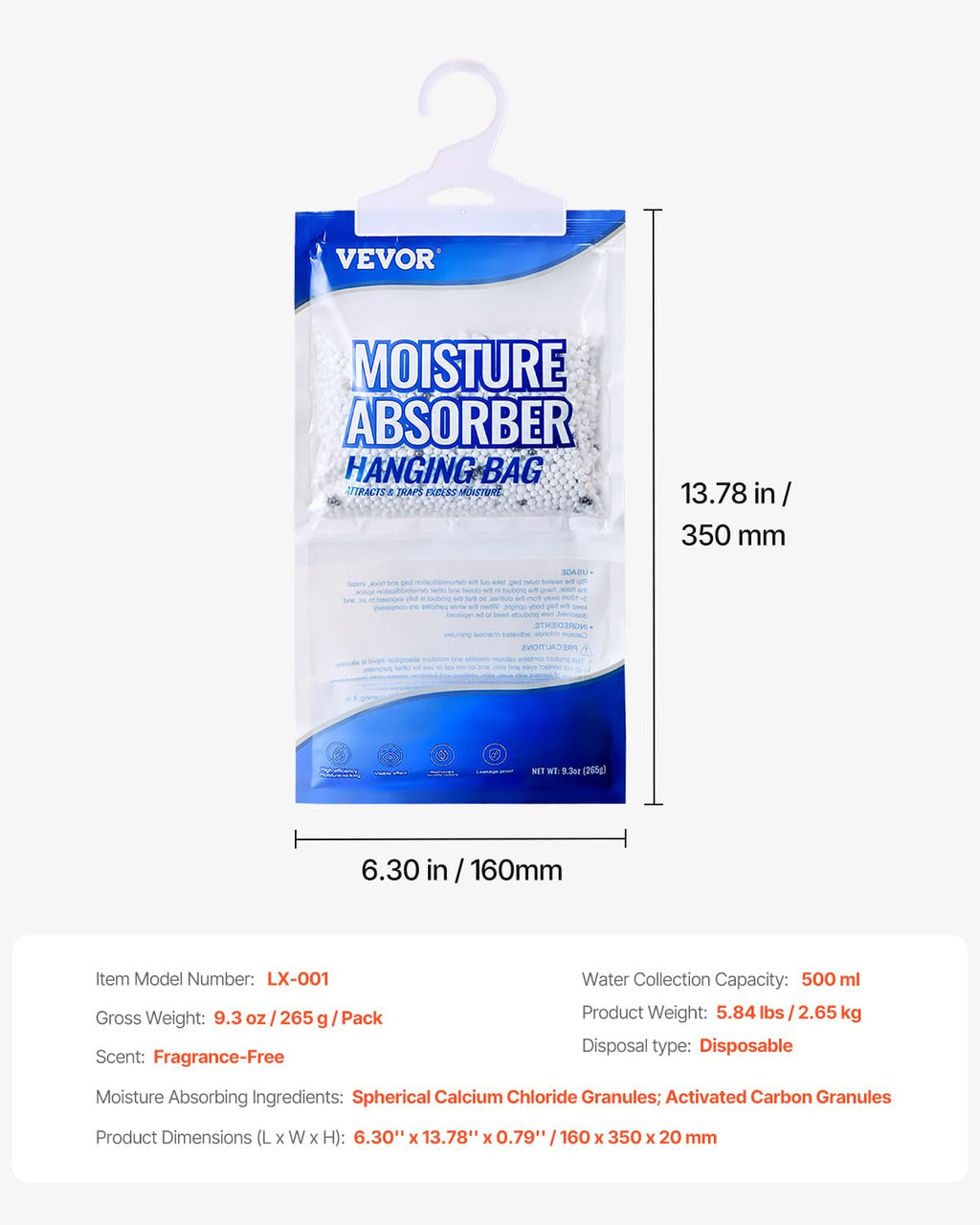 VEVOR Hanging Moisture Absorber, 9.3 oz Hanging Closet Dehumidifier Bags(10 Packs), Fragrance Free Moisture Bags in Wardrobes, Bedrooms, Bathrooms