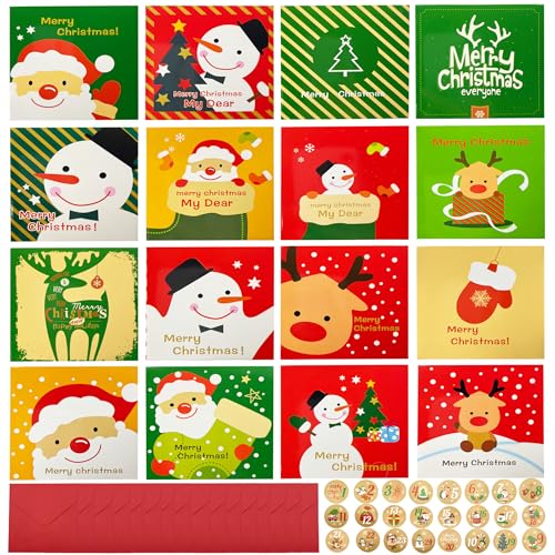 16 Cute Christmas Cards with Envelopes & Blessing Messages