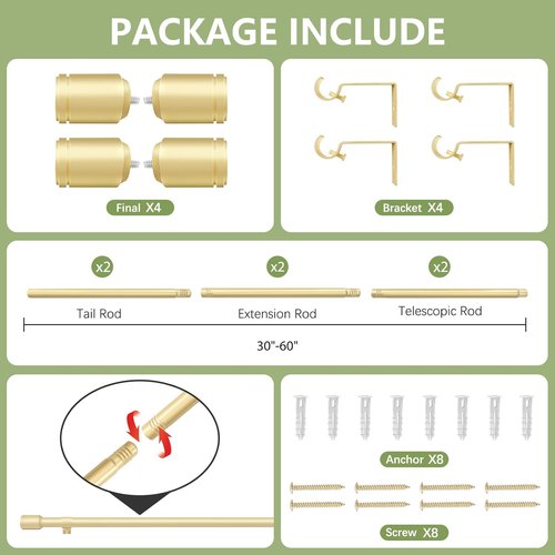 Gold Adjustable Curtain Rods by [Brand Name] - 5/8” Diameter, 30-60 Inch for Small Windows | 2 Pack with Brackets