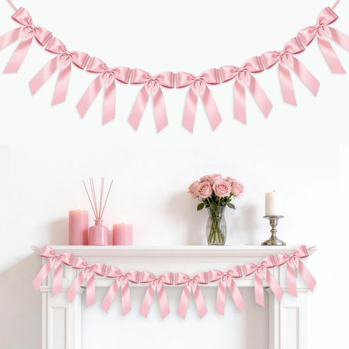 1-String Pink Bow Garland Banner, 8 Pre-Strung Double-Layer Ear Satin Ribbon Bows, Valentines Day Decor for Baby Shower Bridal, Birthday Wedding Party, Reusable Girls Coquette Room Wall Mantel Decor