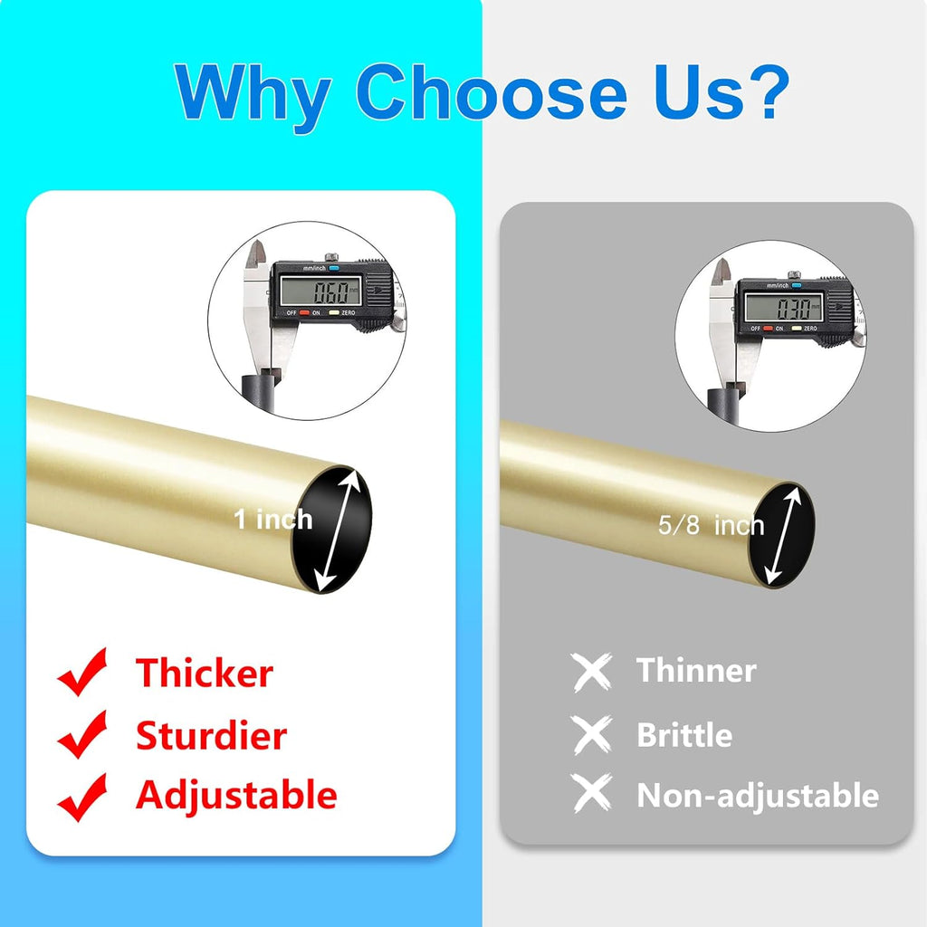 Byondeth Adjustable Curtain Rods - 16 to 200 Inches | 1 Inch Diameter with Warm Gold Aluminium Finials