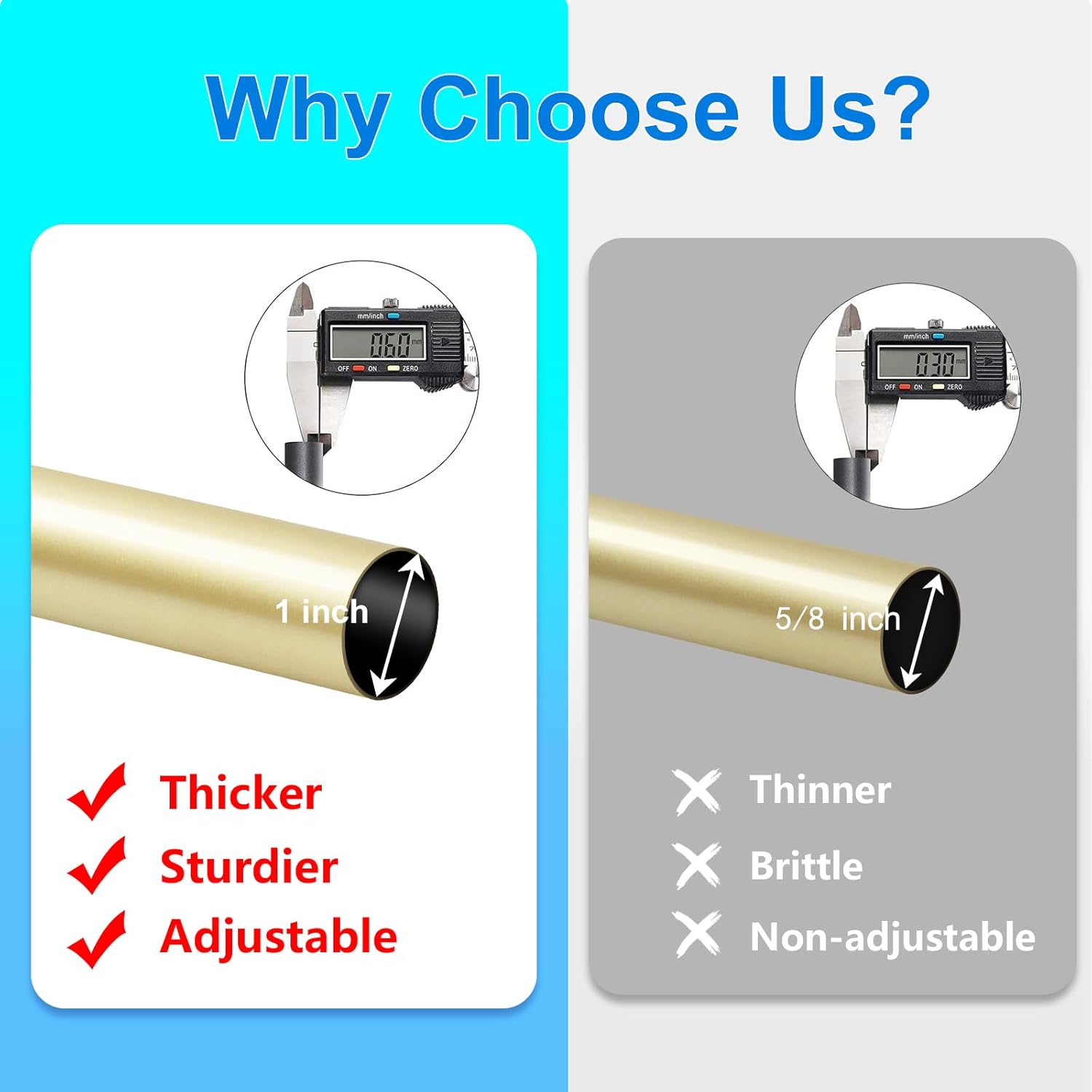 Byondeth Adjustable Curtain Rods - 16 to 200 Inches | 1 Inch Diameter with Warm Gold Aluminium Finials