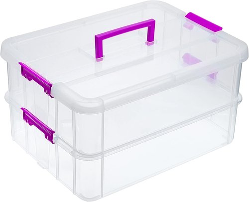 JUXYES Stackable Storage Box - 2-Tier Transparent Design with Handle for Office & School Supplies