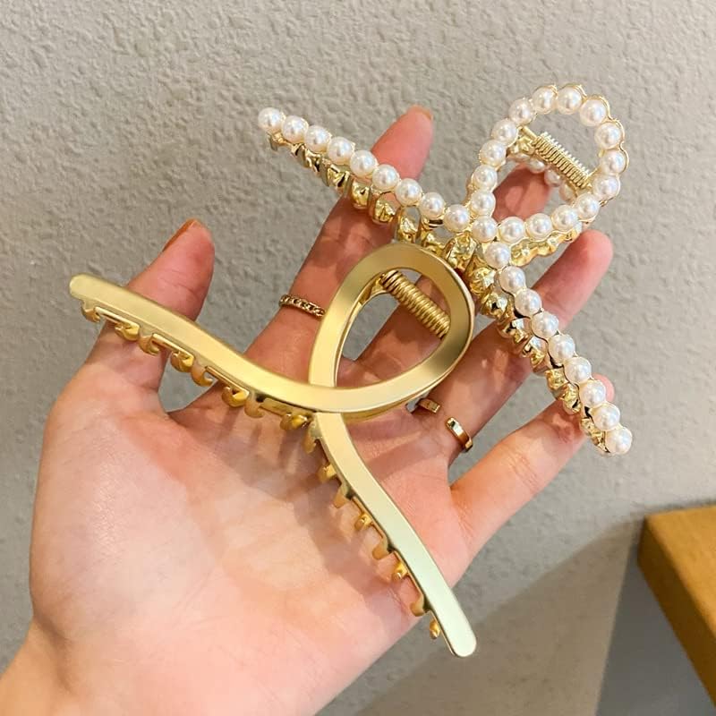WLngtv 2 Pack Large Metal Hair Claws Matte Gold with Pearls