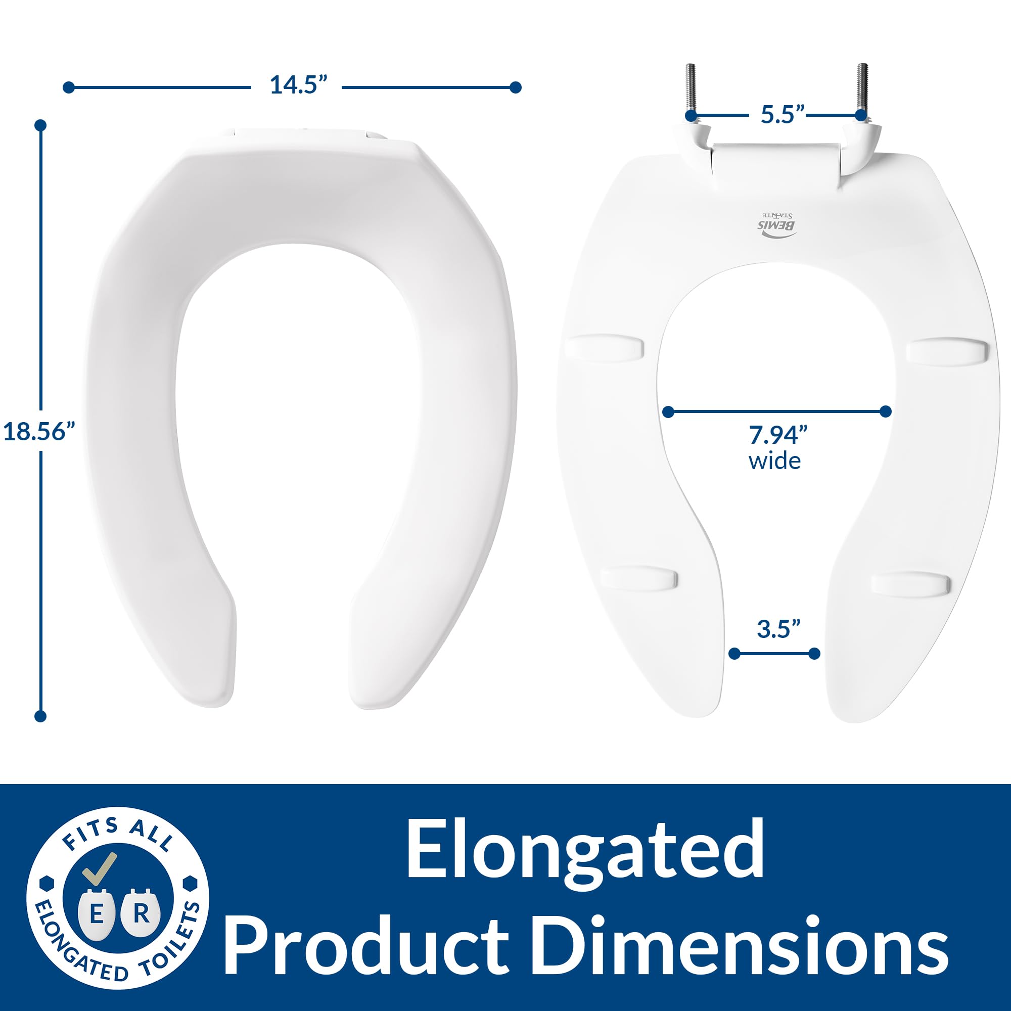 BEMIS 1955SSTFR Commercial Heavy Duty Fire Retardant Open Front Toilet Seat without Cover, Industrial No Slam Seat, Made in USA, Elongated, White