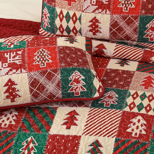 Christmas Quilt Queen Size 3-Piece Bedspread Set with Tree Design, Red & Green, 96x90 Inches - Merry Christmas Variation