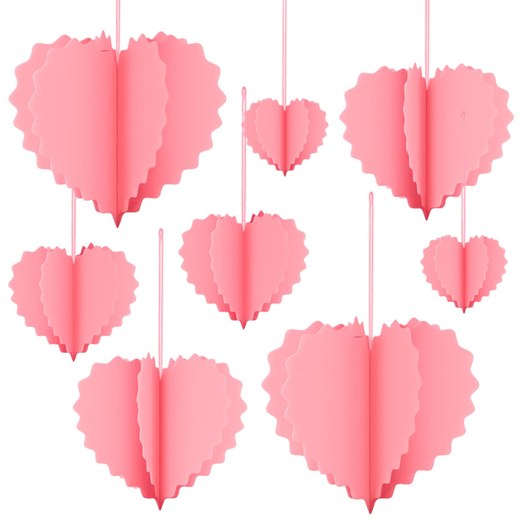 Valentines Day Decorations - 8 Pcs Pink 3D Valentines Hanging Hearts Ornaments Paper Valentines Tree Decorations for Valentines, Wedding, Engagement, Anniversary, Galentines Party Décor