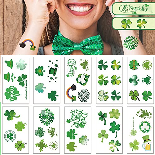Furimuk St. Patrick's Day Temporary Tattoos Shamrock Waterproof 10 Sheets