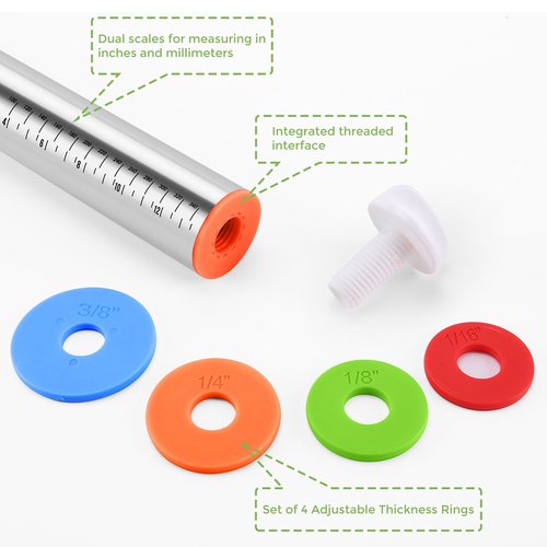 Rolling Pin with Adjustable Thickness Rings for Baking,Stainless Steel Dough Roller,Baking Supplies for Cookie Fondant Pizza Cake Pasta