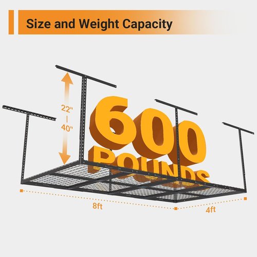 Heavy-Duty Metal Garage Storage Rack by [Brand Name] - 4ft x 8ft Adjustable Ceiling Rack | 600 lb Capacity, Black