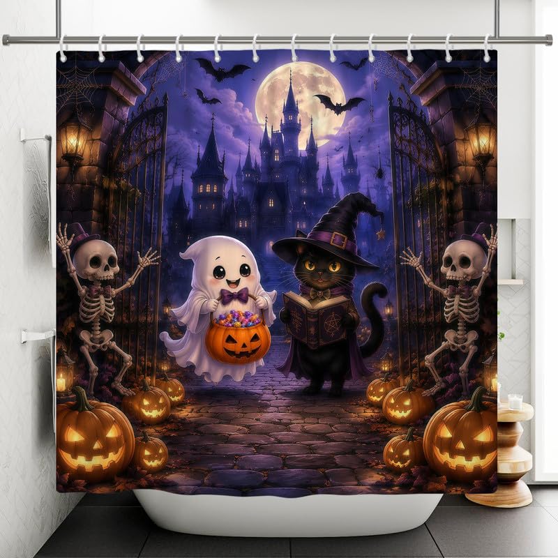 Cute Ghost Cat Halloween Shower Curtain 72x72 in Waterproof