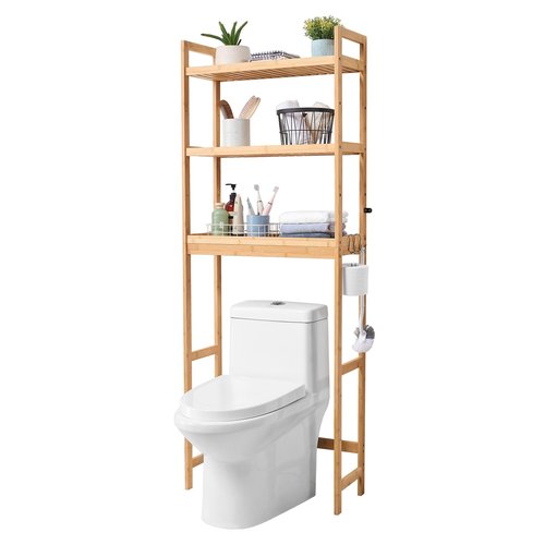 VEVOR Over The Toilet Storage, 3-Tier Adjustable Over Toilet Bathroom Organizer, Bamboo Storage Shelf Rack with 3 Hooks, Freestanding Easy Assembly Laundry Space Saver, Fit Most Toilets, Gray