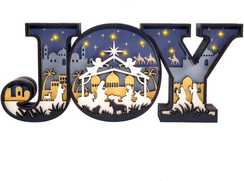 Christmas Nativity Set - 3D Religious Scene with LED Joy Letter Lights | Indoor Tabletop Decorations