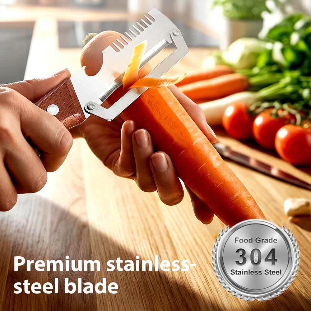 Skiennix Premium Vegetable Peeler - Multi-Functional Kitchen Tool with Wooden Handle & Bottle Opener | Ideal for Fruits & Veggies