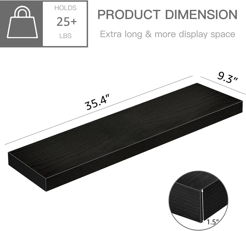 QEEIG Floating Wall Shelves - Stylish 35.4" Long Set of 2 for Bathroom, Kitchen, Living Room | Black Home Decor