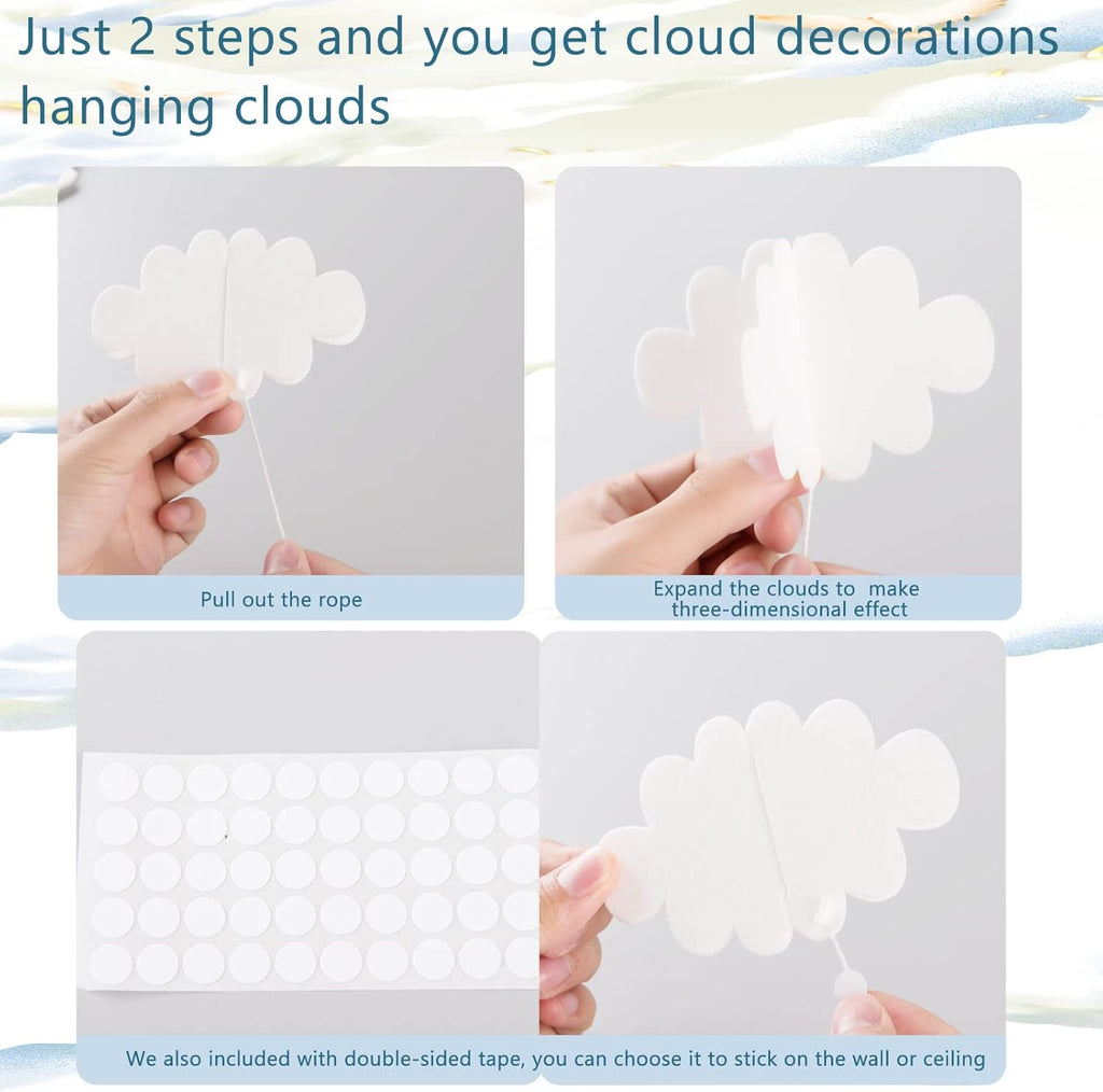 Skiennix 16 Pcs 3D Cloud Decorations - Hanging Artificial Cloud Ornaments for Nursery & Baby Showers