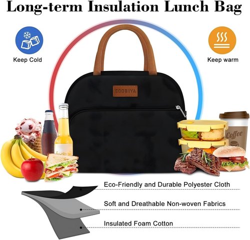 Coobiiya Insulated Lunch Box - Leakproof & Reusable Tote Bag for Work/Travel | Compact 10L (Black)