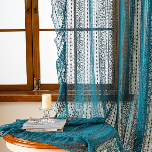 Teal Boho Sheer Lace Curtains 50W x 96L Pair – Geometric Crochet Drapes for Bedroom & Holiday Decor