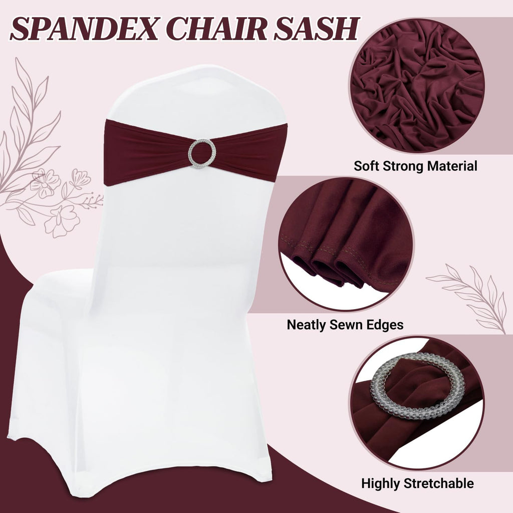 MDS Spandex Chair Sashes - Premium Stretch Covers with Buckle Slider for Weddings & Events | Burgundy, Set of 10