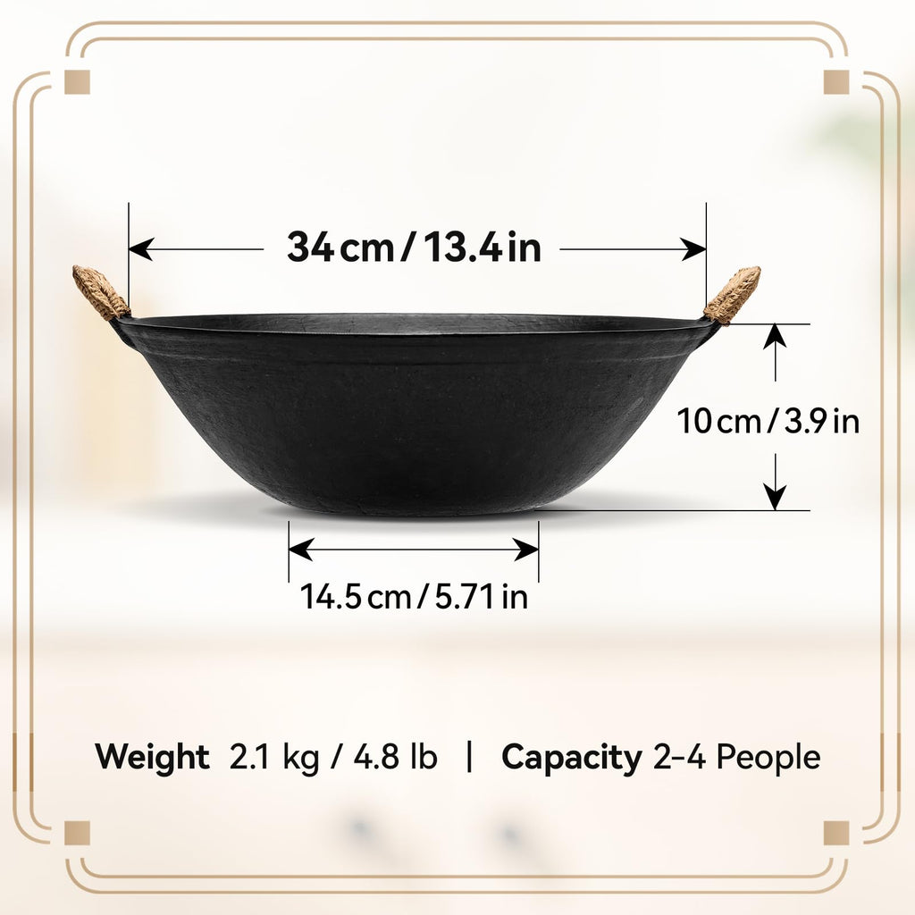 WANGYUANJI 13.4 Inch Cast Iron Wok with Wooden Lid and Iron Spatula, Flat Bottom Double-Handle Chinese Stir Fry Pan, Uncoated Cast Iron Wok for Induction, Gas and Electric Stoves