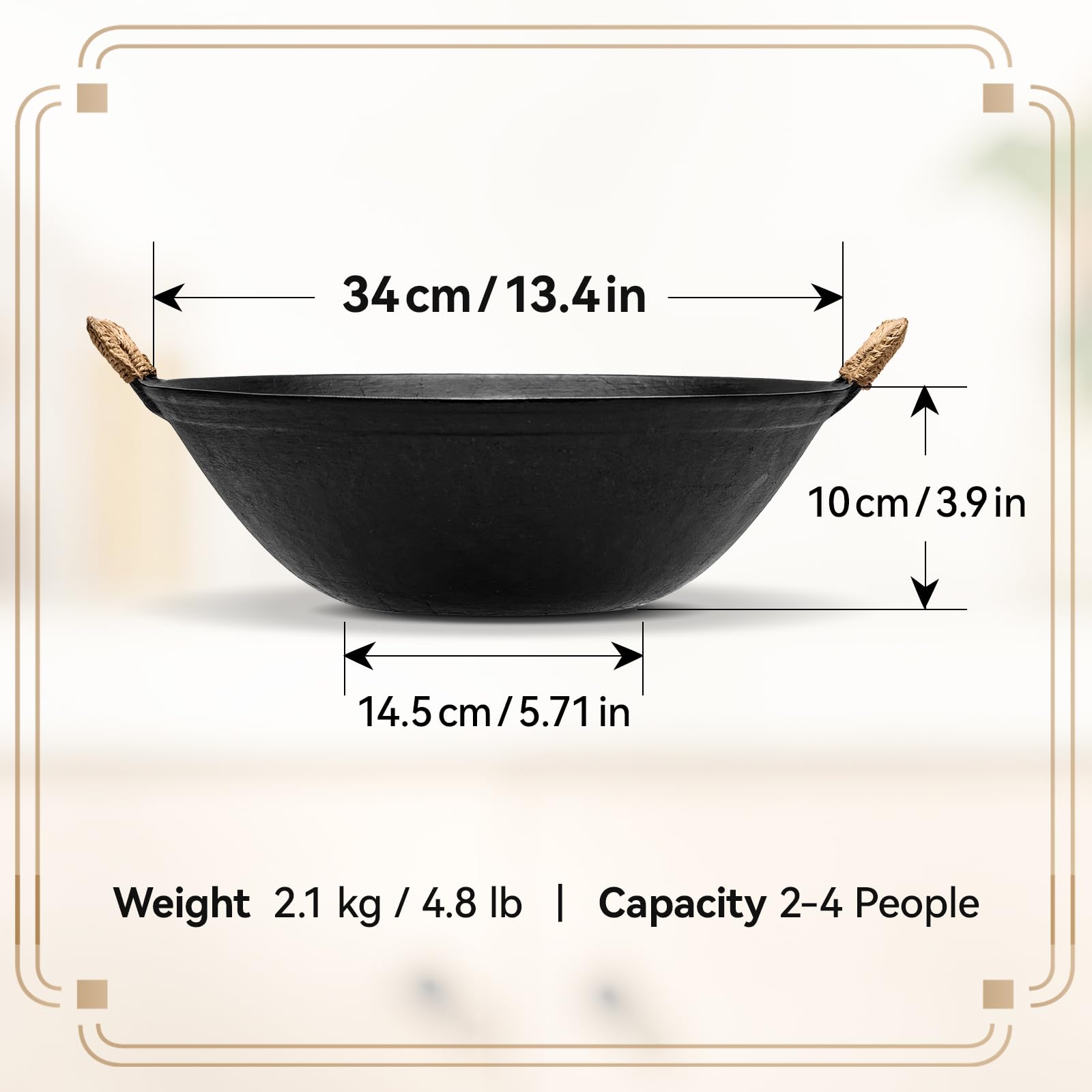 WANGYUANJI 13.4 Inch Cast Iron Wok with Wooden Lid and Iron Spatula, Flat Bottom Double-Handle Chinese Stir Fry Pan, Uncoated Cast Iron Wok for Induction, Gas and Electric Stoves